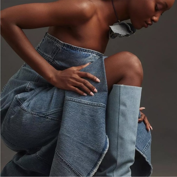 Anthropologie Pilcro Icon Fluted Strapless Denim Midi Dress Smocked Back Large - Picture 2 of 16